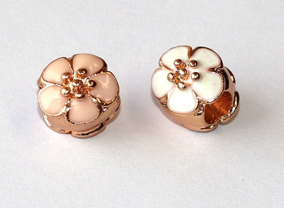 Korálek s velkým průvlekem Fashion Jewerly - Zlatá Enamel Růžová květina, Pomněnková princezna, Zahradní víla 2726