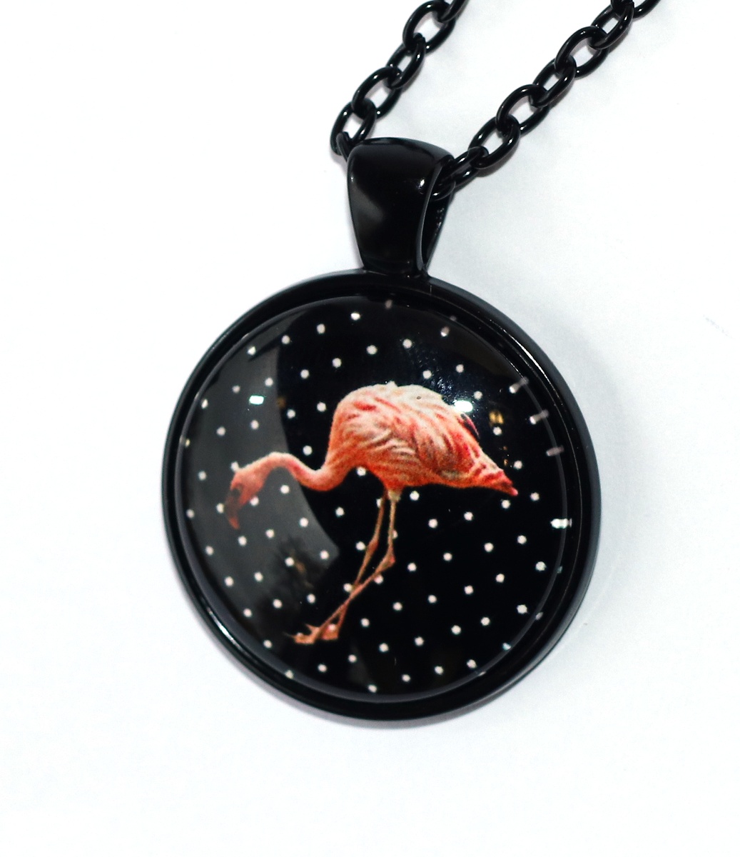 Řetízek Fashion Jewerly - Amulet Plameňák Růžový, Bílé puntíky v černé, 3508