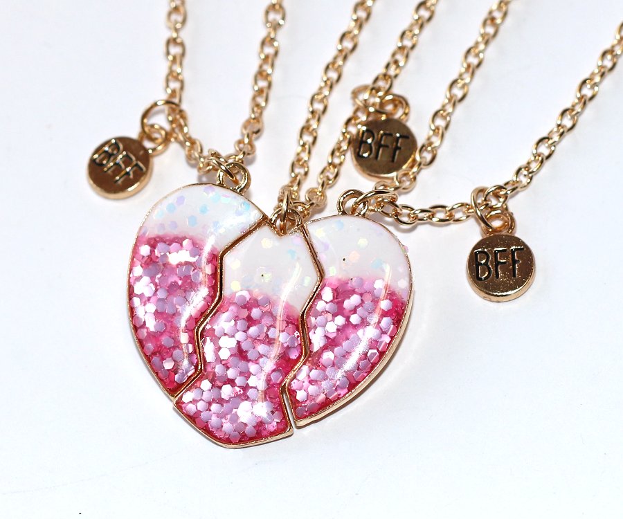 3ks Řetízky párové Fashion Jewerly - Srdce na tři části se třpytkami, Pro nejlepší kámošky, Růžová a bílá Perleť, Něžná Princezna, S Magnetkem, 3 Best Friends 3760