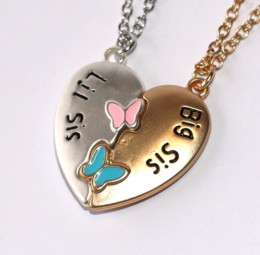 2ks Řetízky párové Fashion Jewerly - Malá a Velká Sestra, Srdce s Motýlky, Zlatá a Stříbrná, S Magnetkem, Big Sis + Lil sis 3762