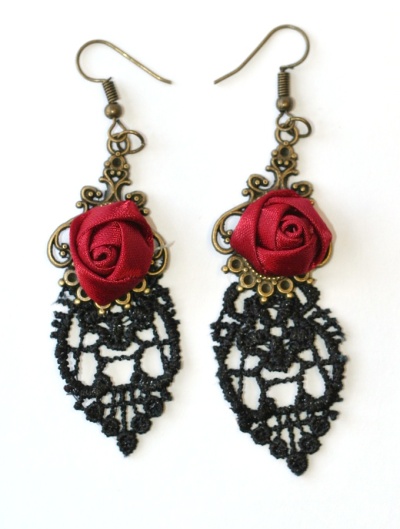 Náušnice Fashion Jewerly - Růže a černá krajka 1153
