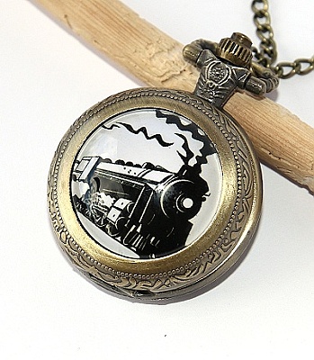 MR Otevírací Kapesní Hodinky na řetízku, bronzové - Vlak, Parní lokomotiva, Černá na bílém, Průvodčí, Strojvedoucí, Love Train 2763