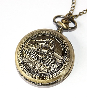 MR Otevírací Kapesní Hodinky na řetízku, bronzové - Parní lokomotiva, Jedoucí vlak, Koleje v přírodě, Mašinka kouří z komínka 2860 