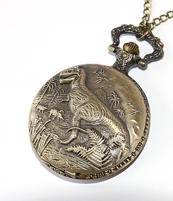 MR Otevírací Kapesní Hodinky na řetízku, bronzové - Retro Dinosaurus, Tyranosaurus Rex v pravěku, Sopka a divočina 2863