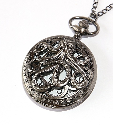 MR Otevírací Kapesní Hodinky na řetízku, tmavě šedé - Chobotnice, Miluji moře, Octopus, Love sea 2864