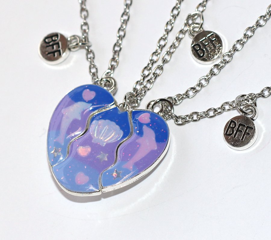 3ks Řetízky párové Fashion Jewerly - Mořská symfonie, Vodní Přátelství, Fialové Srdce s perleťovými Delfíny, Mušlí, Srdíčky a Hvězdami, Nejlepší kámošky a kámoši navždy, Best Friends Forever 3518