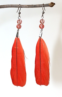 JoyKa Peříčkové naušnice s minerálními korálky - Červená Něha, Od Žaka, Rudá Záře, S radostí a lehkostí 3584