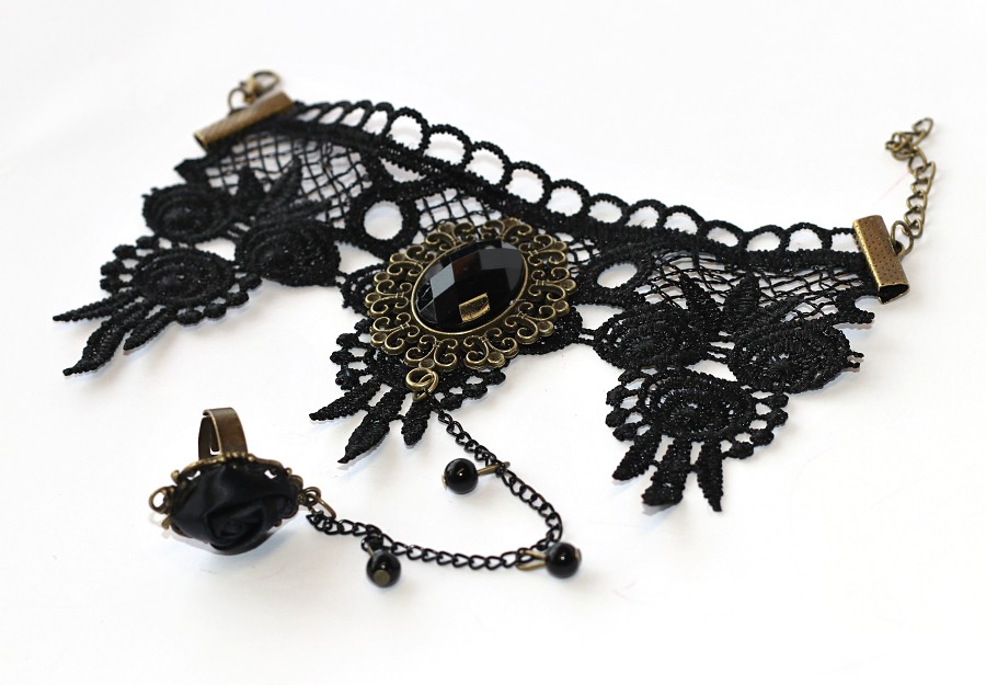 Krajkový Náramek s Prstenem Fashion Jewerly - Černá Růže, Pro romantické duše s elegancí, Květinová dáma, Be Chic in modern world 3757