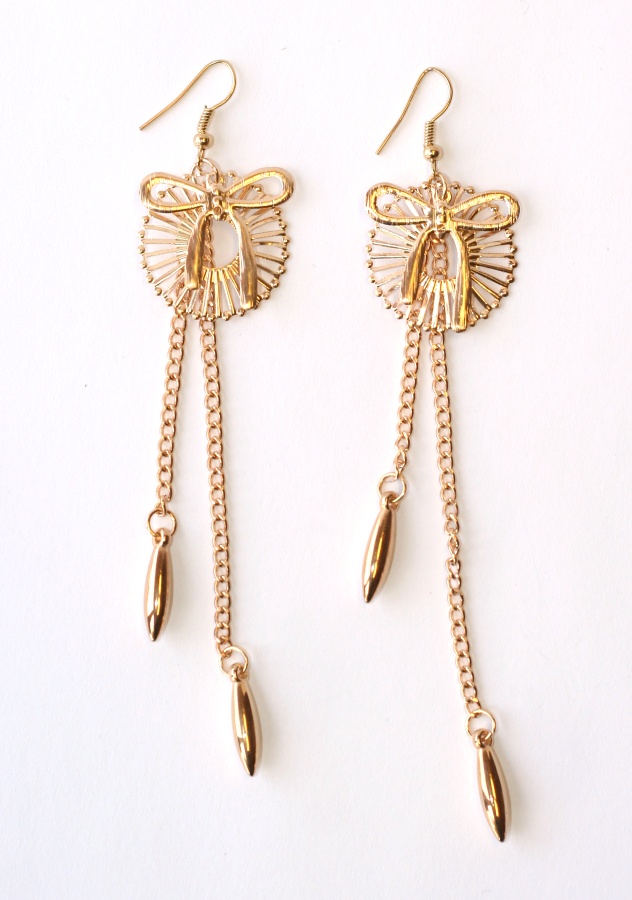 Náušnice Fashion Jewerly - Zlatá mašle, dlouhé slzy 1162