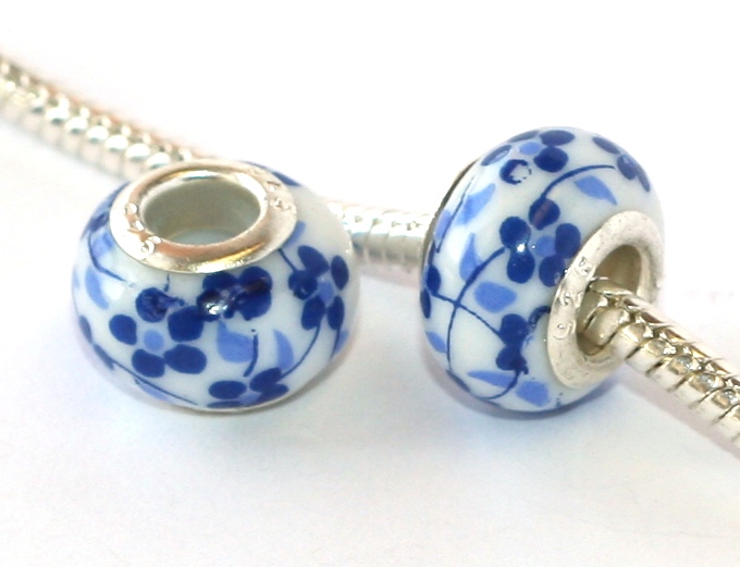 Korálek na náramek Fashion Jewerly - Retro Keramika, Modré květiny 2110