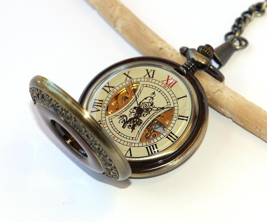 MR Otevírací Kapesní Hodinky s řetězem - Mechanické, Retro Vintage Elegant Men, Dřevěná obruč 2287