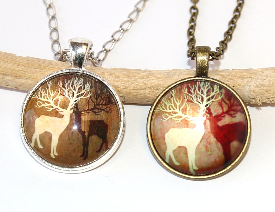 Řetízek Fashion Jewerly - Amulet Dva Jeleni s velkými parohy, Lesní ochránce, Přítomnost, Dualita, Jin Jang, Retro 2545