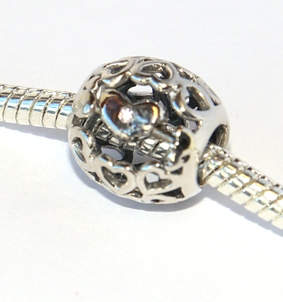 Korálek stříbrný Fashion Jewerly - Kráska plná srdíček, Otočné srdce s růžovým krystalem 2594