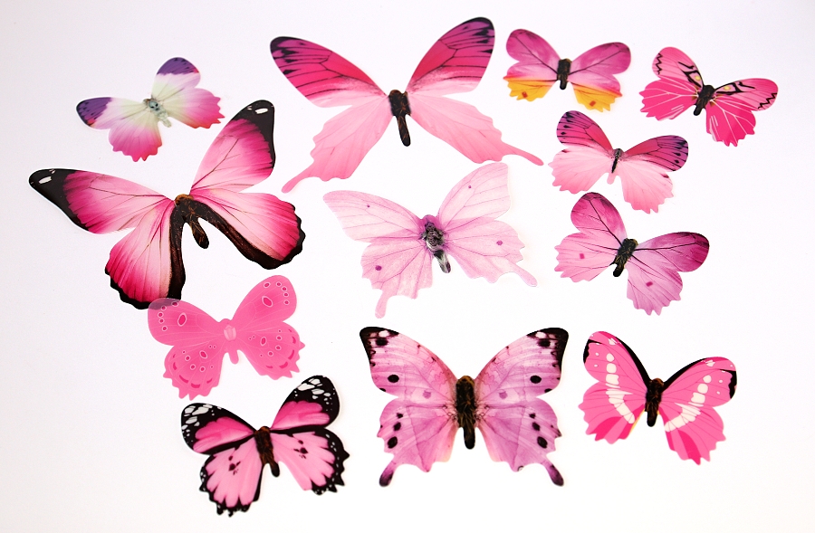 MR 3D Motýl na zeď, růžová varianta - 12 ks, s lepicím kolečkem 2748