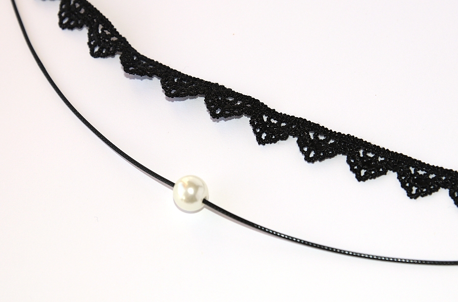 Choker Fashion Jewerly - Krajkový Náhrdelník s perlou, Krásná a sexy, Black Lace and Smile 2774