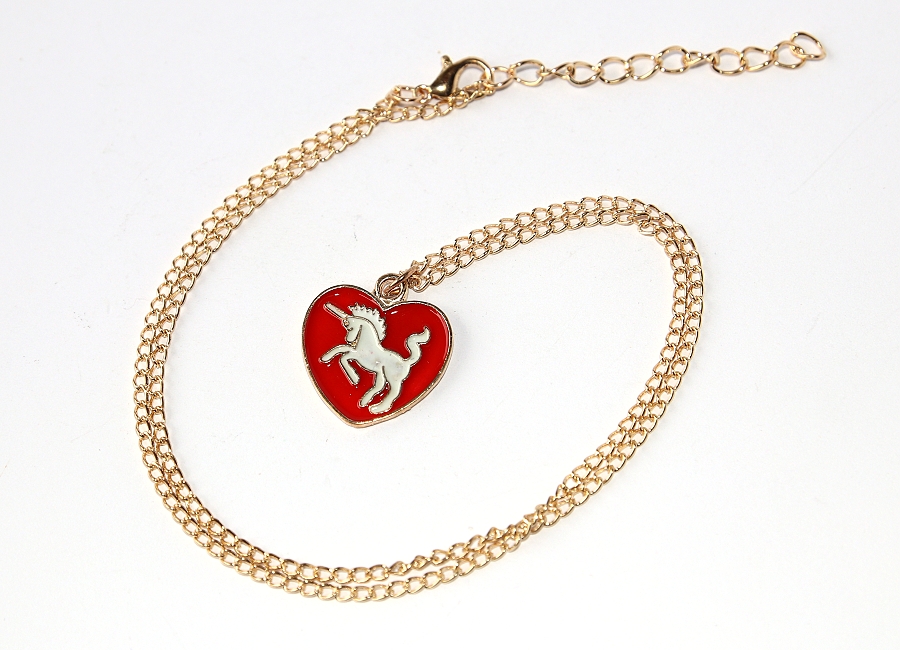 Řetízek Fashion Jewerly - Vznešený jednorožec v červeném srdci, Zlatý Ochránce, Pro štěstí, Love Unicorns 2881