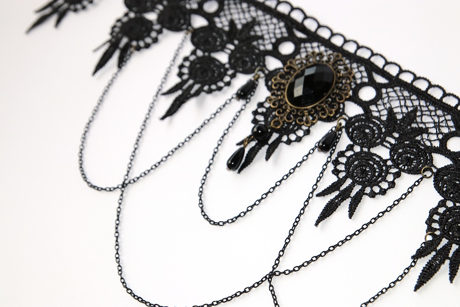 Choker Fashion Jewerly - Černý Krajkový Náhrdelník s řetízky, Sexy dekolt every time, Black Vintace Lace, Dark style 3135