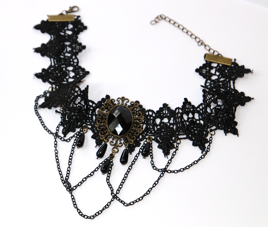 Choker Fashion Jewerly - Černý Krajkový Náhrdelník s řetízky a slzami, Sexy dekolt every time, Black Vintage Lace, Dark style with tears 3137