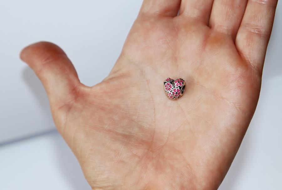 Korálek na náramek Fashion Jewerly - Srdce s růžovými květy, Příroda, Květiny, Láska, Flower Heart 3250