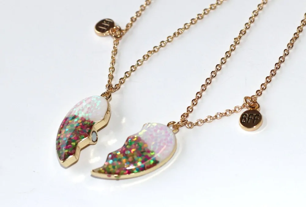 2ks Řetízky párové Fashion Jewerly - Srdce s barevnými třpytkami, Nejlepší přátelé, Best Friends 3608