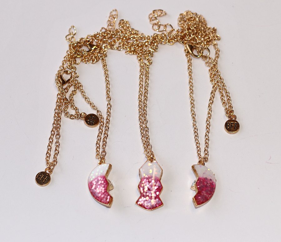 3ks Řetízky párové Fashion Jewerly - Srdce na tři části se třpytkami, Pro nejlepší kámošky, Růžová a bílá Perleť, Něžná Princezna, S Magnetkem, 3 Best Friends 3760