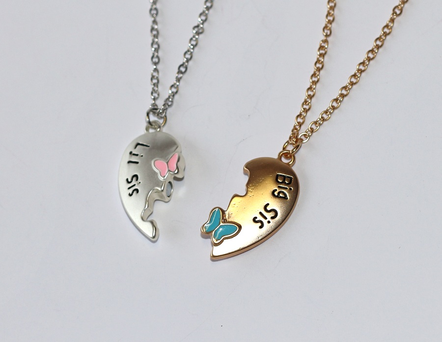 2ks Řetízky párové Fashion Jewerly - Malá a Velká Sestra, Srdce s Motýlky, Zlatá a Stříbrná, S Magnetkem, Big Sis + Lil sis 3762