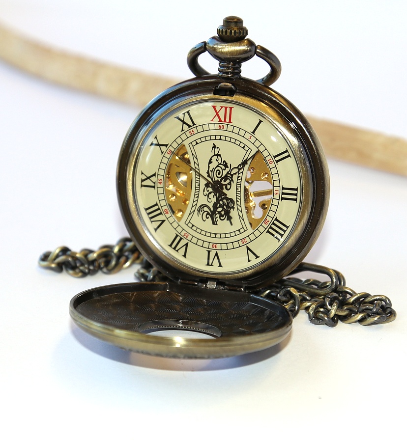 MR Otevírací Kapesní Hodinky s řetězem - Mechanické, Retro Vintage Elegant Men, Dřevěná obruč 2287
