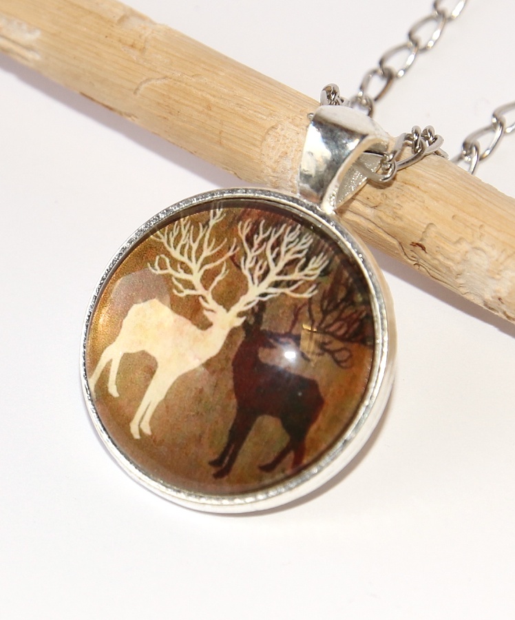 Řetízek Fashion Jewerly - Amulet Dva Jeleni s velkými parohy, Lesní ochránce, Přítomnost, Dualita, Jin Jang, Retro 2545