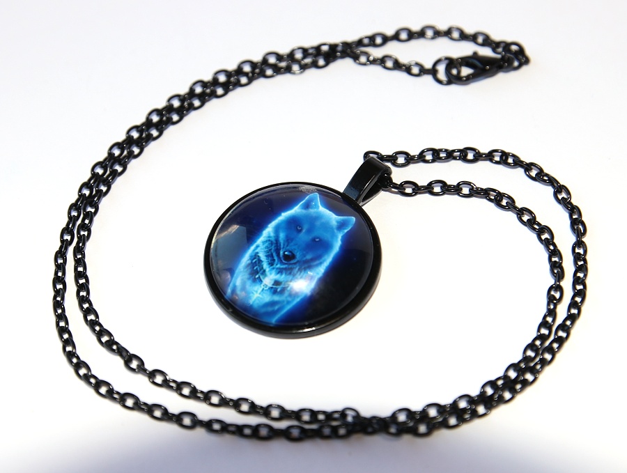 Řetízek Fashion Jewerly - Amulet Modrý Vlk v černé, spanilý moudrý ochránce, Blue Wolf 2549