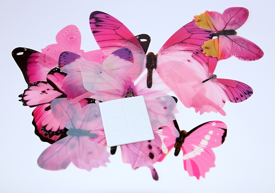 MR 3D Motýl na zeď, růžová varianta - 12 ks, s lepicím kolečkem 2748