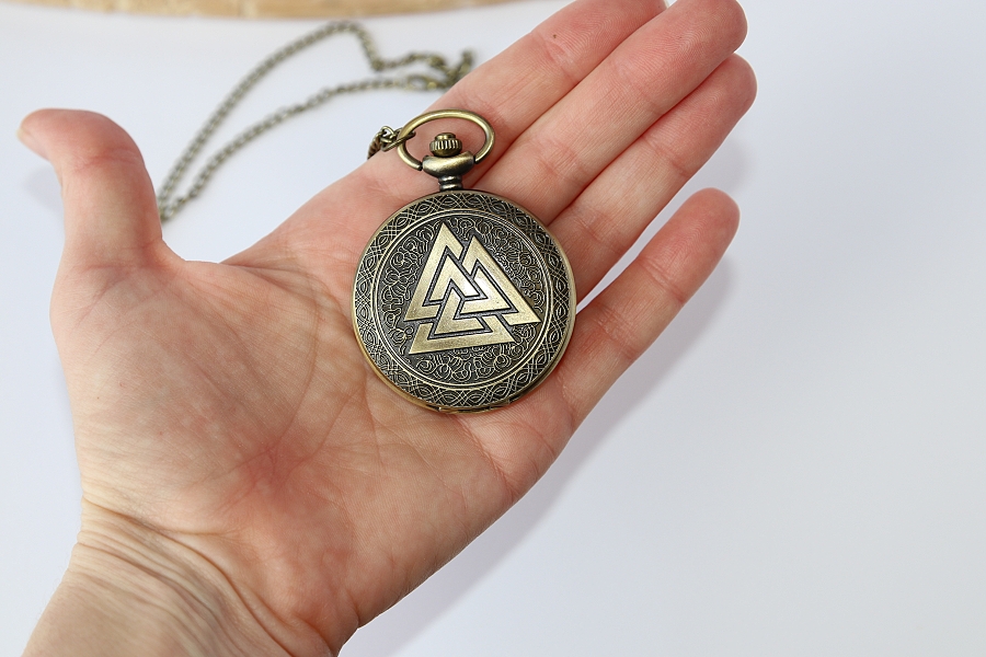 MR Otevírací Kapesní Hodinky na řetízku, bronzové - Valknut, Tři prpojené trojúhelníky, 9 světů, Odinův uzel 2757