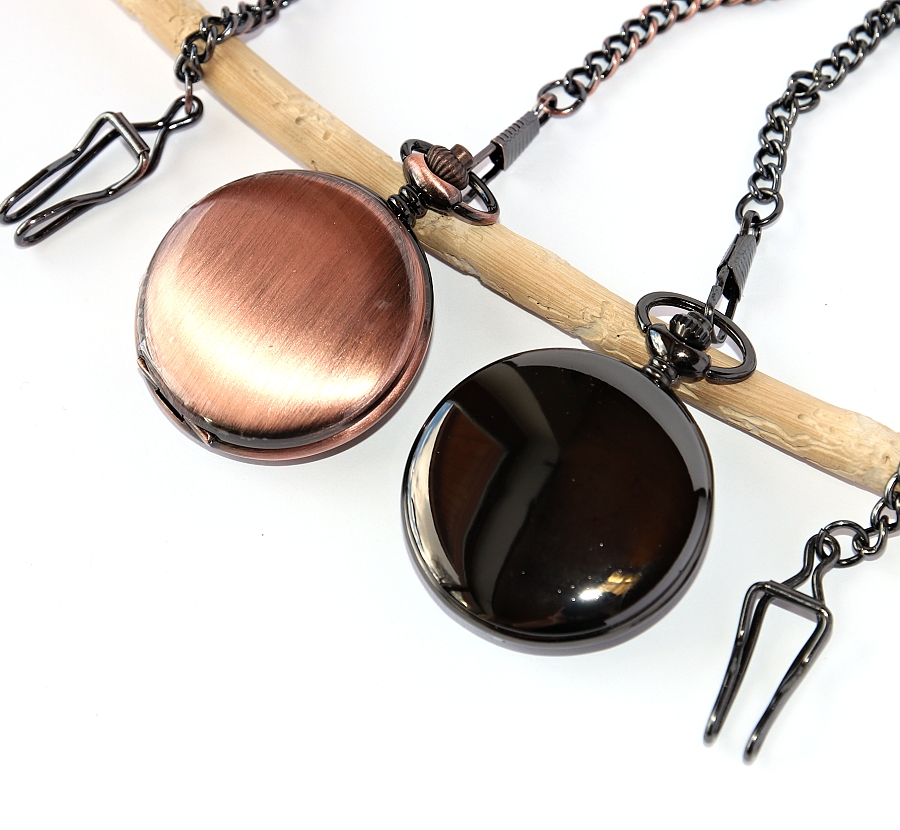 MR Otevírací Kapesní Hodinky na řetězu za pásek - Klasické cibuláče, Hladké cibule černé a růžové zlato, Retro style, Moderní klasika do kapsy 2761