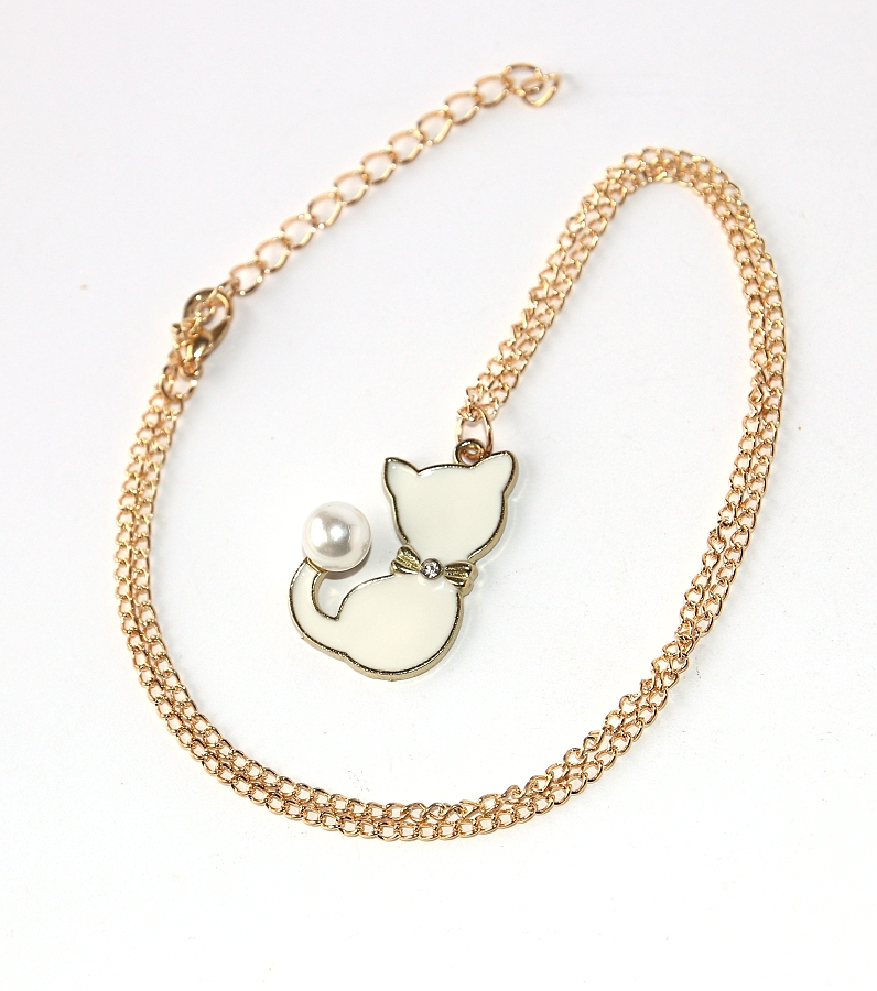 Řetízek Fashion Jewerly - Kočka s perličkou, Černá nebo bílá, Sedící silueta kočičky, Love cats 2886