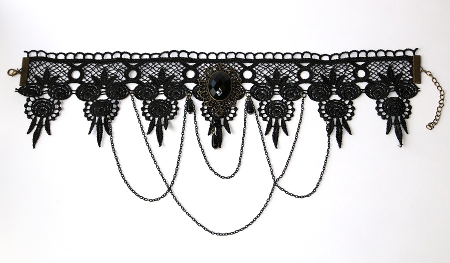 Choker Fashion Jewerly - Černý Krajkový Náhrdelník s řetízky, Sexy dekolt every time, Black Vintace Lace, Dark style 3135
