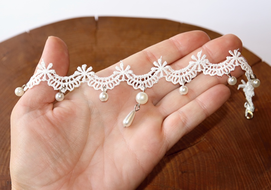 Choker Fashion Jewerly - Bílý Krajkový náhrdelník zdobený perličkami, Pro nevěstu, Svatební, Romantická kráska, Elegant Lace Party 3144