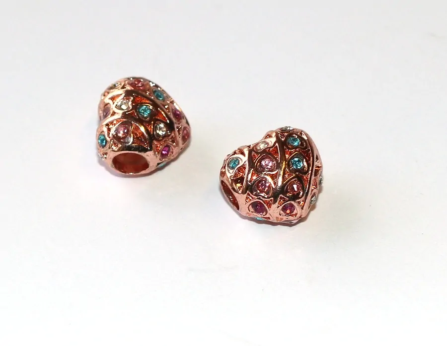Korálek Fashion Jewerly na náramek nebo řetízek - Zlaté srdce zdobené barevnými kamínky s mini srdíčky, Láska nebeská 3617