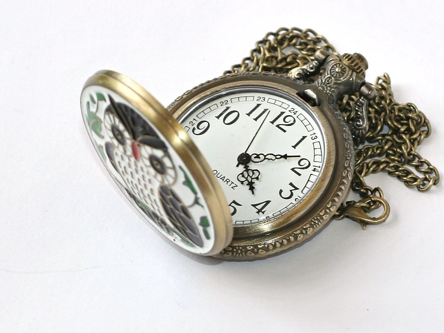 Kapesní Hodinky na řetízku - Moudrá sova malovaná glazurou 2244