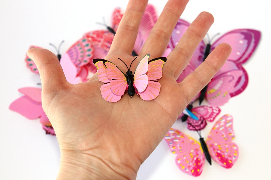 MR 3D Motýl na zeď, růžová varianta - Dvojitá křídla, 12 ks, s magnetkem a lepicím kolečkem 2742