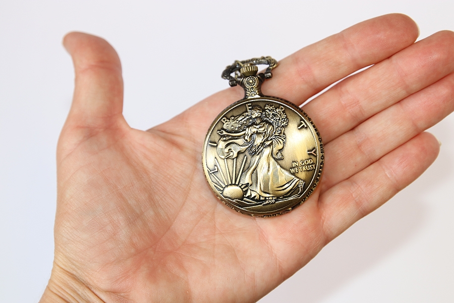MR Otevírací Kapesní Hodinky na řetízku, bronzové - Svoboda, Svobodná žena, Demokracie, U.S.A. Liberty, In god we trust 2866