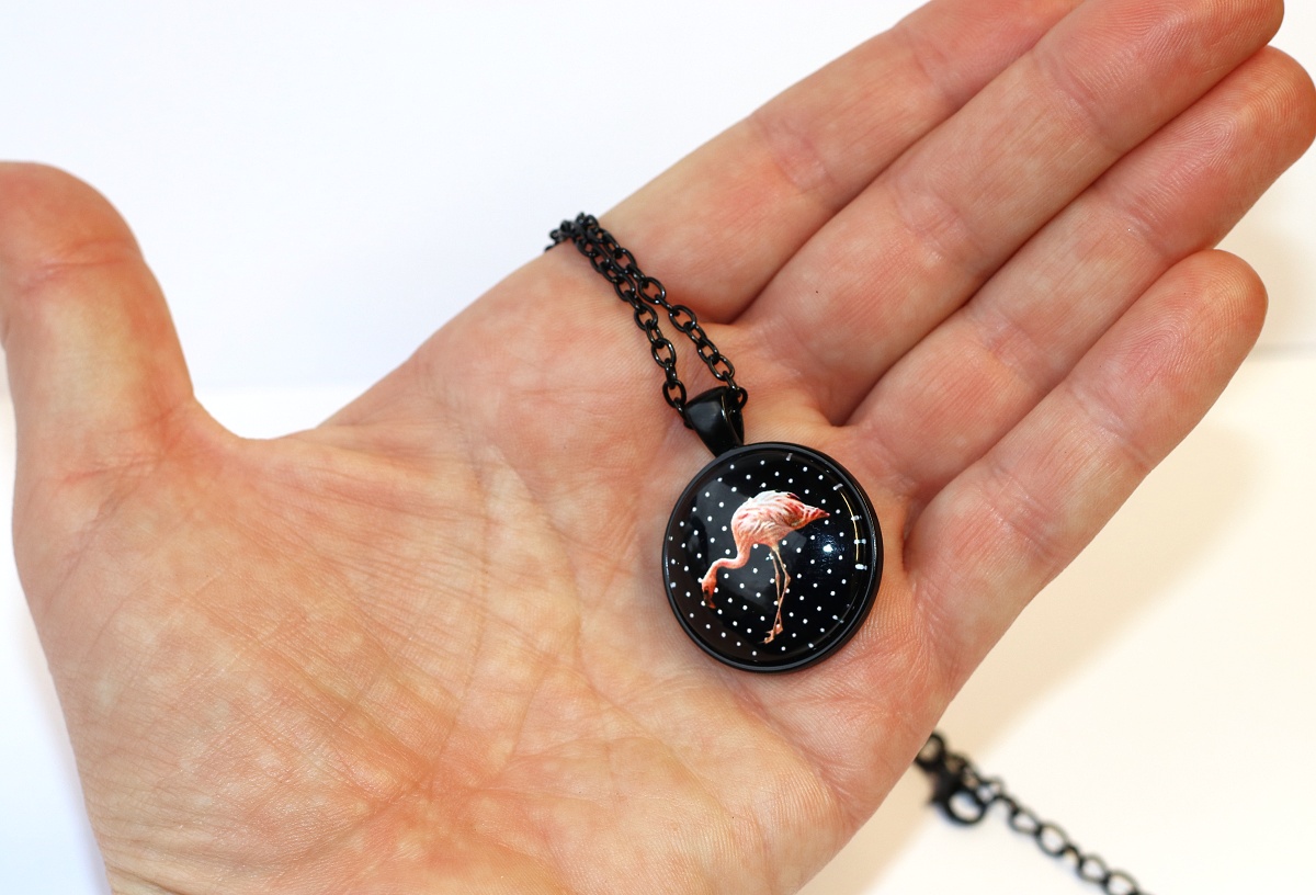 Řetízek Fashion Jewerly - Amulet Plameňák Růžový, Bílé puntíky v černé, 3508