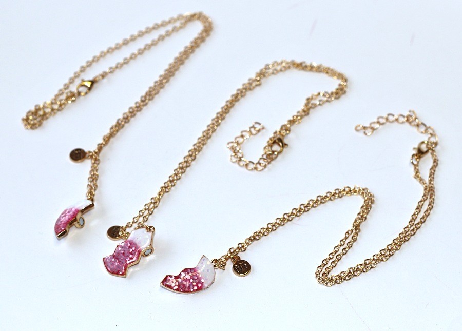 3ks Řetízky párové Fashion Jewerly - Srdce na tři části se třpytkami, Pro nejlepší kámošky, Růžová a bílá Perleť, Něžná Princezna, S Magnetkem, 3 Best Friends 3760
