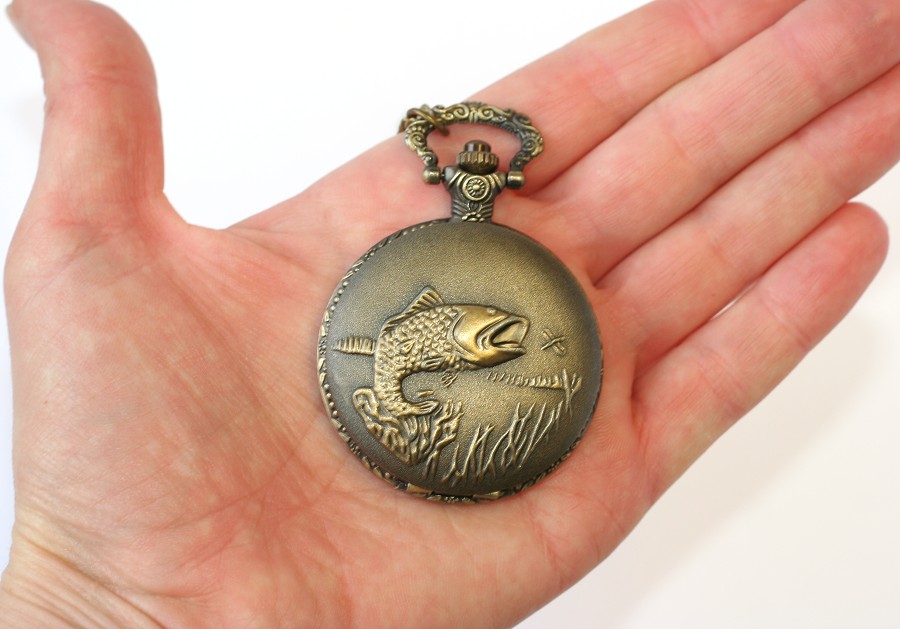 MR kapesní, otevírací hodinky na řetízku - Ryba, kapr, rybaření, rybář 1911