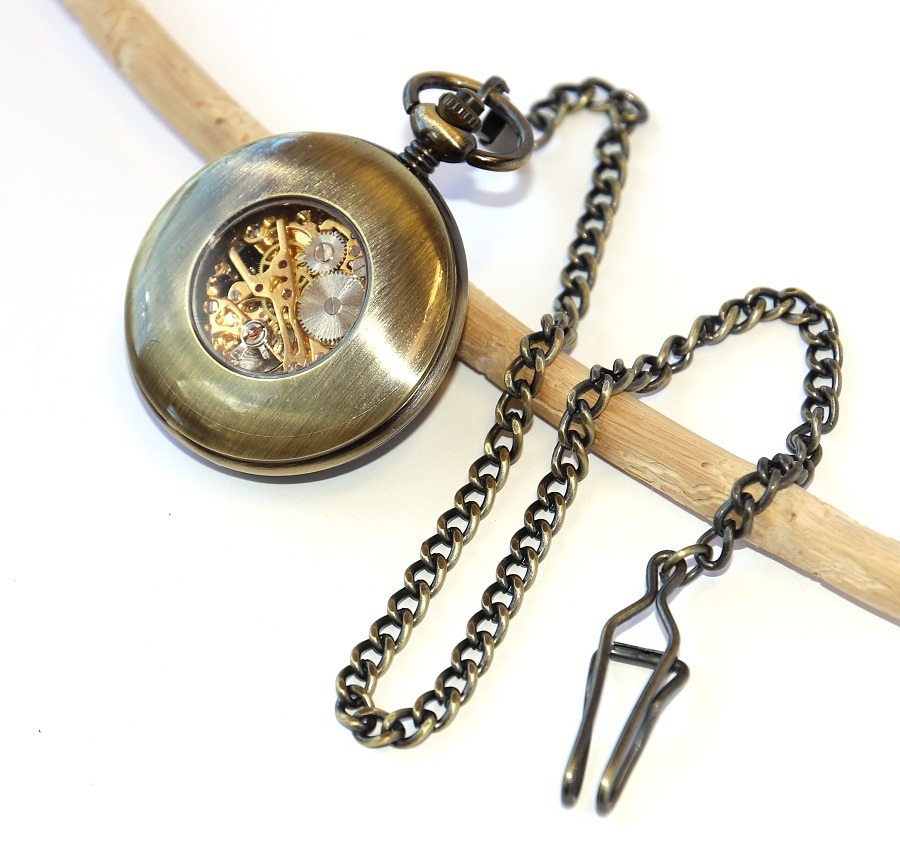 MR Otevírací Kapesní Hodinky s řetězem - Mechanické, Retro Vintage Elegant Men, Dřevěná obruč 2287