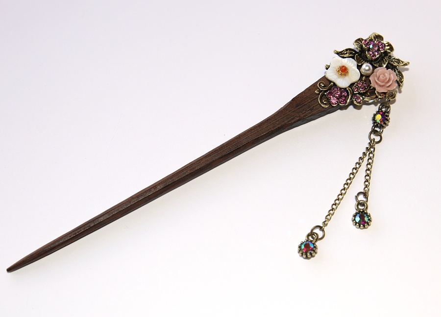 MR Jehla do Vlasů, Elegantní zápich - Dřevěná jehlice s květinkami a kamínky, Luxusní dáma, Elegance Modern Style 3360