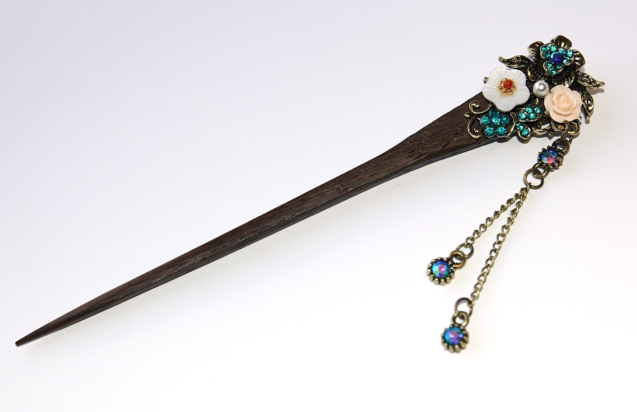 MR Jehla do Vlasů, Elegantní zápich - Dřevěná jehlice s květinkami a kamínky, Luxusní dáma, Elegance Modern Style 3360