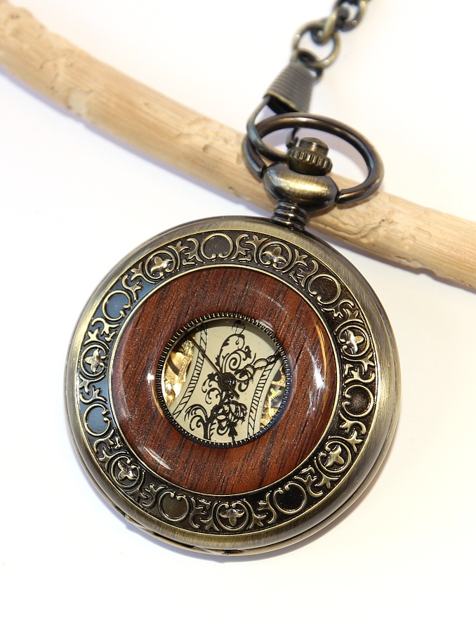 MR Otevírací Kapesní Hodinky s řetězem - Mechanické, Retro Vintage Elegant Men, Dřevěná obruč 2287